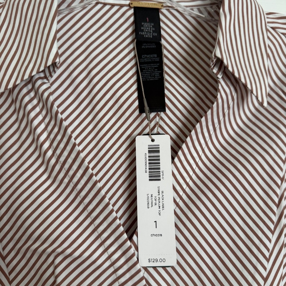 NWT Chico's Black Label Stripe Peplum Top Neutral Brown White Wrap Blouse Size 1 - Picture 2 of 7